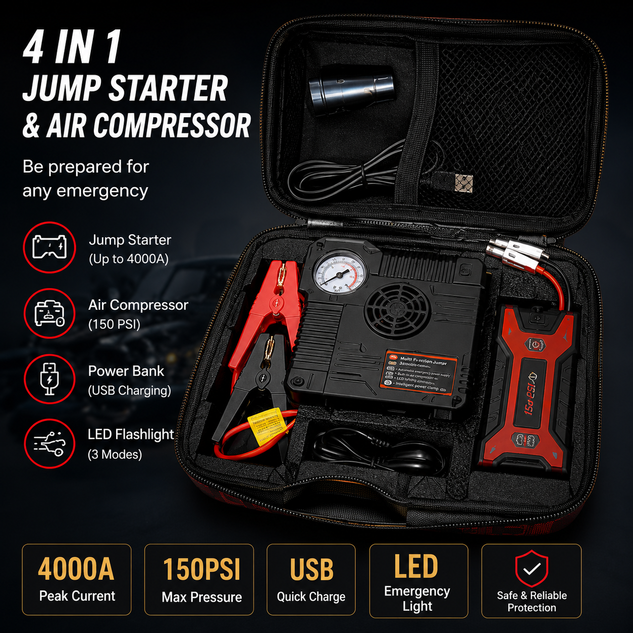 4-in-1 4000A car jump starter and 150 PSI air compressor kit